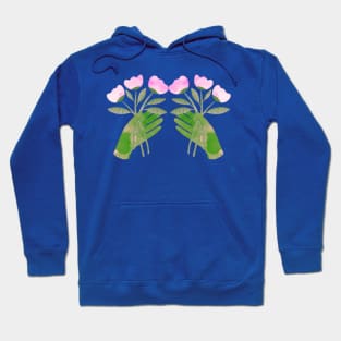 Green hands with pink flowers for you or someone you love on blue Hoodie